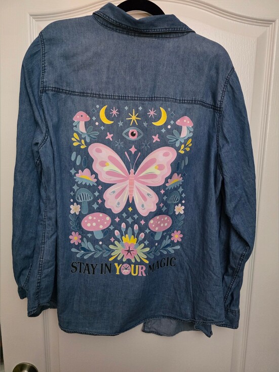 torrid Tops - EUC Torrid Blue 100% Cotton Denim Shirt with Butterfly And Mushrooms